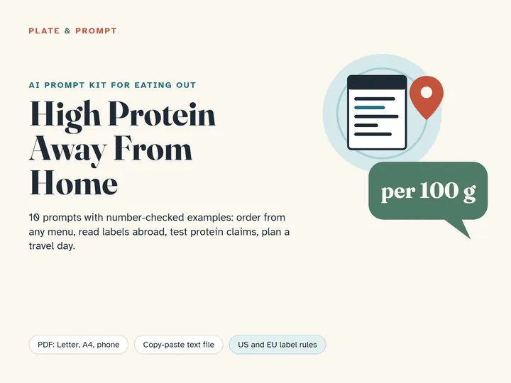 Cover of High Protein Away From Home: a menu with a map pin and a per 100 g speech bubble