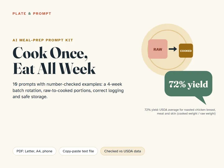 Cover of Cook Once, Eat All Week: raw to cooked arrow and a 72% yield speech bubble